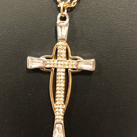 Cross Necklace Yellow White Gold Overlay - Picture 6 of 9